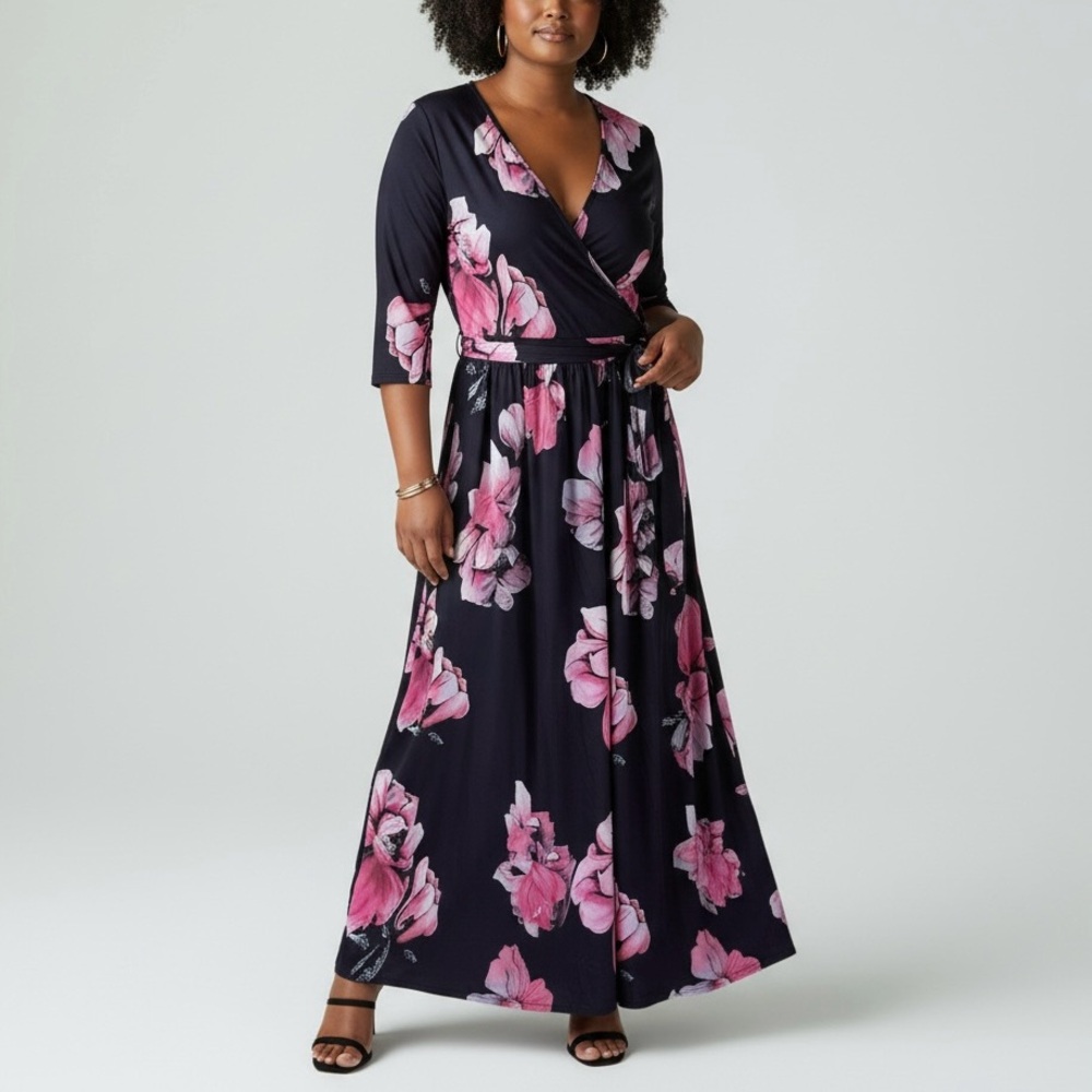 Pinup Fashion Black Pink Floral Faux Wrap Maxi Dress Size 24W NWT